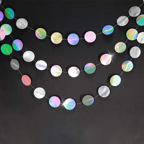 4-Pack Iridescent Circle Garlands, Holographic Party Decorations for Birthday, Wedding, Disco Theme, Graduation, New Year's Eve, Bachelorette Party Supplies (Colour)