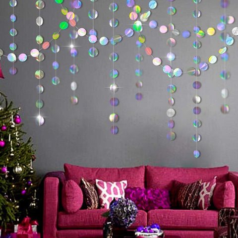4-Pack Iridescent Circle Garlands, Holographic Party Decorations for Birthday, Wedding, Disco Theme, Graduation, New Year's Eve, Bachelorette Party Supplies (Colour)