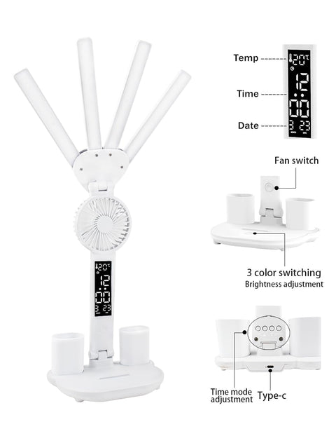 4-Arm Foldable LED Desk Lamp with Built-in Fan, Digital Clock, Temp Display & Dual Pen Holders – 3-Color Lighting, Infinite Dimming, USB-C Charging, Eye-Caring Light for Study, Work, Reading; Compact & Modern Design (White)