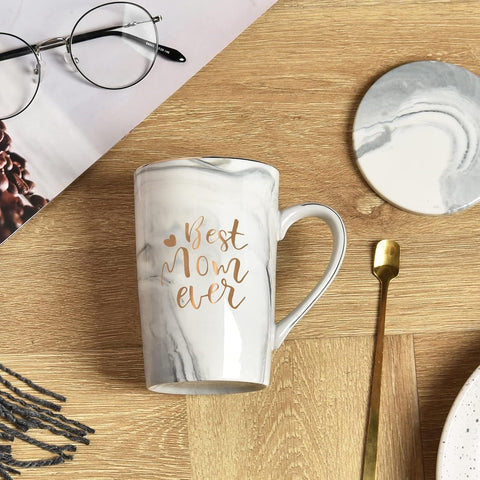 Best Mom Ever Coffee Mug Gift Set with Lid, Spoon & Coaster, 14oz Pink Marble Ceramic Cup for Mother's Day, Birthday, Christmas, Valentine's Day (White)