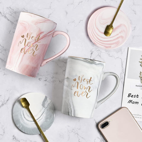 Best Mom Ever Coffee Mug Gift Set with Lid, Spoon & Coaster, 14oz Pink Marble Ceramic Cup for Mother's Day, Birthday, Christmas, Valentine's Day (White)
