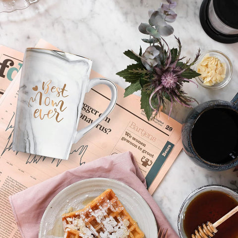 Best Mom Ever Coffee Mug Gift Set with Lid, Spoon & Coaster, 14oz Pink Marble Ceramic Cup for Mother's Day, Birthday, Christmas, Valentine's Day (White)