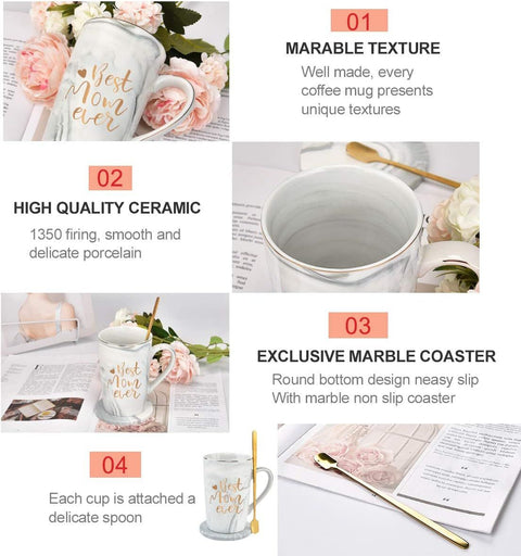 Best Mom Ever Coffee Mug Gift Set with Lid, Spoon & Coaster, 14oz Pink Marble Ceramic Cup for Mother's Day, Birthday, Christmas, Valentine's Day (White)