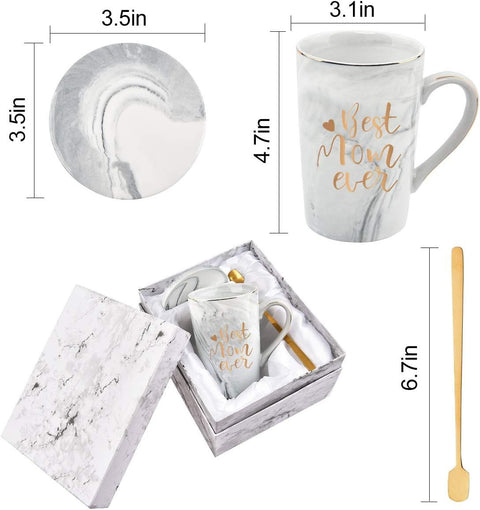 Best Mom Ever Coffee Mug Gift Set with Lid, Spoon & Coaster, 14oz Pink Marble Ceramic Cup for Mother's Day, Birthday, Christmas, Valentine's Day (White)