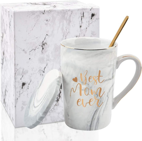 Best Mom Ever Coffee Mug Gift Set with Lid, Spoon & Coaster, 14oz Pink Marble Ceramic Cup for Mother's Day, Birthday, Christmas, Valentine's Day (White)
