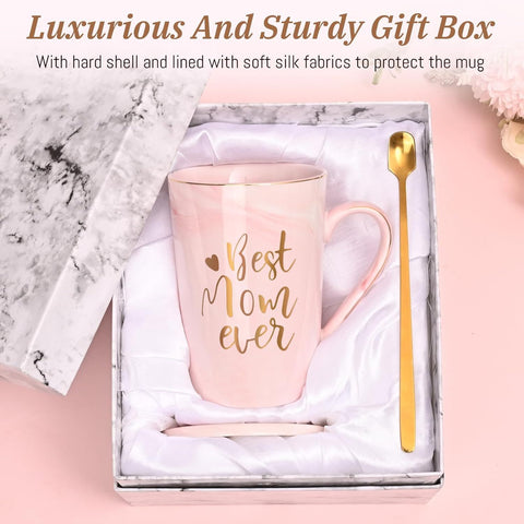 Best Mom Ever Coffee Mug Gift Set with Lid, Spoon & Coaster, 14oz Pink Marble Ceramic Cup for Mother's Day, Birthday, Christmas, Valentine's Day (Pink)