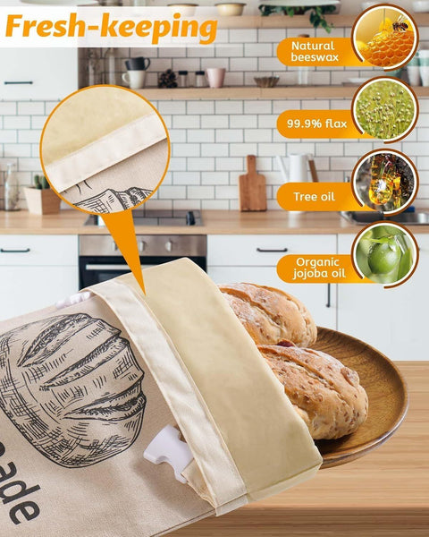 2-Pack Reusable Bread Storage Bags with Roll-Top Design, Snap Closure, Wheat Illustration, and Dual-Layer Construction—Perfect for Storing Loaves, Baguettes, and Baked Goods on Countertop, in Fridge, or Pantry (Light Brown)