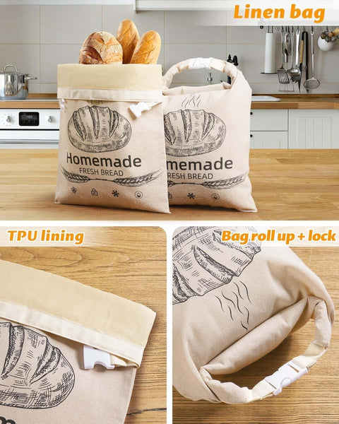 2-Pack Reusable Bread Storage Bags with Roll-Top Design, Snap Closure, Wheat Illustration, and Dual-Layer Construction—Perfect for Storing Loaves, Baguettes, and Baked Goods on Countertop, in Fridge, or Pantry (Light Brown)