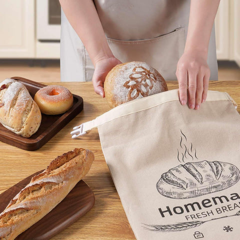 2-Pack Reusable Bread Storage Bags with Roll-Top Design, Snap Closure, Wheat Illustration, and Dual-Layer Construction—Perfect for Storing Loaves, Baguettes, and Baked Goods on Countertop, in Fridge, or Pantry (Light Brown)