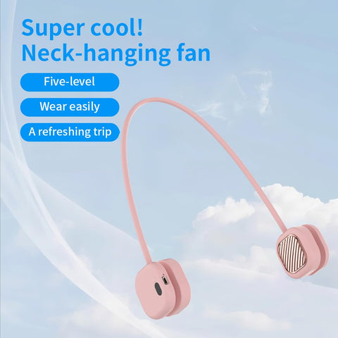 Portable Neck Fan with 5-Speed Adjustable Cooling – Lightweight Rechargeable Bladeless Fan for Travel, Outdoor, Gym, Office Use – Ultra-Quiet & Foldable (Pink)