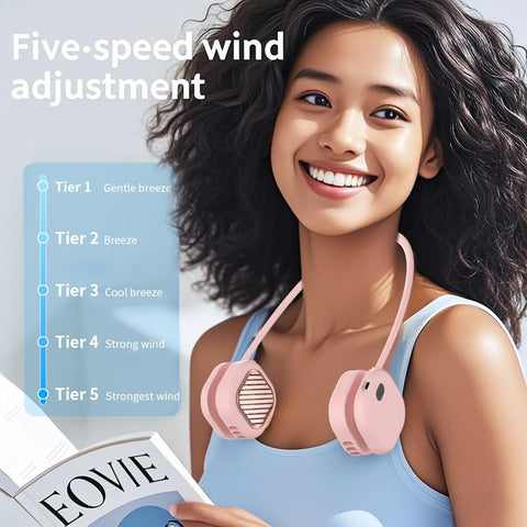 Portable Neck Fan with 5-Speed Adjustable Cooling – Lightweight Rechargeable Bladeless Fan for Travel, Outdoor, Gym, Office Use – Ultra-Quiet & Foldable (Pink)