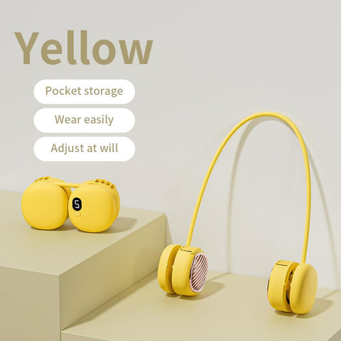 Portable Neck Fan with 5-Speed Adjustable Cooling – Lightweight Rechargeable Bladeless Fan for Travel, Outdoor, Gym, Office Use – Ultra-Quiet & Foldable (Yellow)
