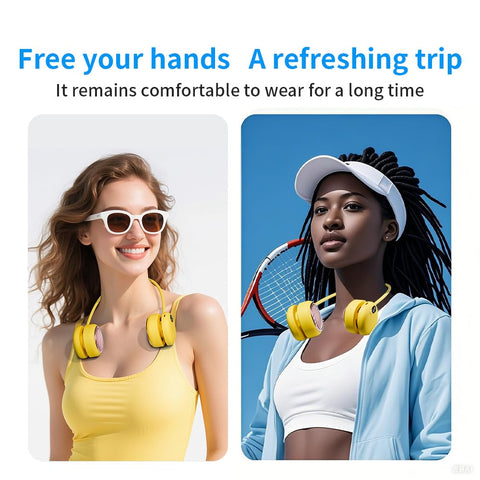 Portable Neck Fan with 5-Speed Adjustable Cooling – Lightweight Rechargeable Bladeless Fan for Travel, Outdoor, Gym, Office Use – Ultra-Quiet & Foldable (Yellow)