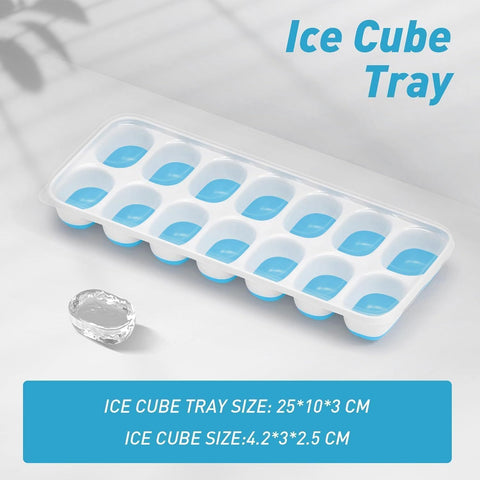 4-Pack Ice Cube Trays with 14-Cavity Design, Flexible Silicone Bases, Removable Lid, Stackable Structure, and Easy-Press Release for Home Freezer Use—Ideal for Drinks, Smoothies, and Meal Prep (Blue)