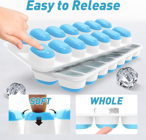 4-Pack Ice Cube Trays with 14-Cavity Design, Flexible Silicone Bases, Removable Lid, Stackable Structure, and Easy-Press Release for Home Freezer Use—Ideal for Drinks, Smoothies, and Meal Prep (Blue)