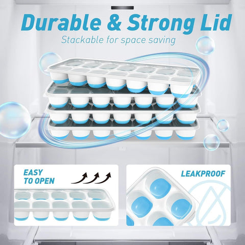 4-Pack Ice Cube Trays with 14-Cavity Design, Flexible Silicone Bases, Removable Lid, Stackable Structure, and Easy-Press Release for Home Freezer Use—Ideal for Drinks, Smoothies, and Meal Prep (Blue)