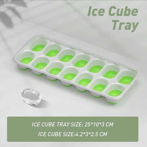 4-Pack Ice Cube Trays with 14-Cavity Design, Flexible Silicone Bases, Removable Lid, Stackable Structure, and Easy-Press Release for Home Freezer Use—Ideal for Drinks, Smoothies, and Meal Prep (Green)