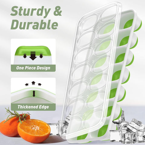 4-Pack Ice Cube Trays with 14-Cavity Design, Flexible Silicone Bases, Removable Lid, Stackable Structure, and Easy-Press Release for Home Freezer Use—Ideal for Drinks, Smoothies, and Meal Prep (Green)