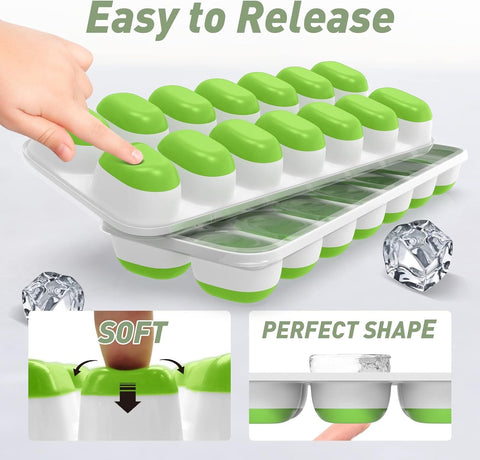 4-Pack Ice Cube Trays with 14-Cavity Design, Flexible Silicone Bases, Removable Lid, Stackable Structure, and Easy-Press Release for Home Freezer Use—Ideal for Drinks, Smoothies, and Meal Prep (Green)