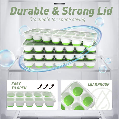 4-Pack Ice Cube Trays with 14-Cavity Design, Flexible Silicone Bases, Removable Lid, Stackable Structure, and Easy-Press Release for Home Freezer Use—Ideal for Drinks, Smoothies, and Meal Prep (Green)