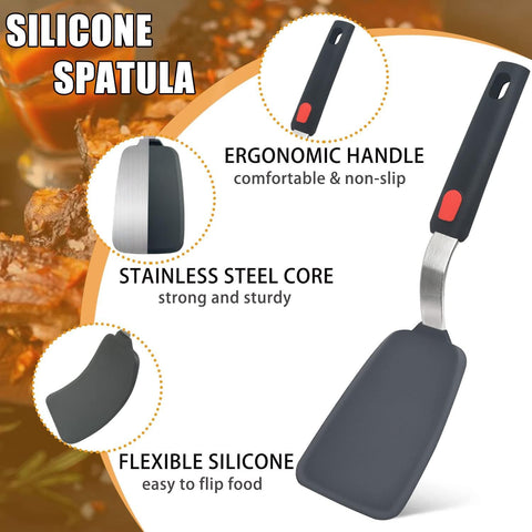 3-Piece Silicone Spatula Set with Stainless Steel Core, 600°F Heat Resistant Turner for Nonstick Cookware, Flexible Kitchen Utensils for Eggs, Fish, Pancakes, Burgers (Black)