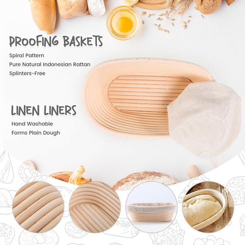 2 Pack Oval Sourdough Proofing Basket Set with Linen Liner, Natural Rattan Bread Fermentation Bowl for Artisan Baking, Splinter-Free Dough Rising Basket for Home Bakers (10 inch,Beige)