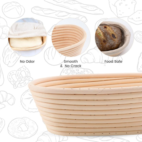 2 Pack Oval Sourdough Proofing Basket Set with Linen Liner, Natural Rattan Bread Fermentation Bowl for Artisan Baking, Splinter-Free Dough Rising Basket for Home Bakers (10 inch,Beige)