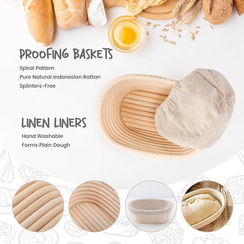 5 Pack Oval Sourdough Proofing Basket Set with Linen Liner, Natural Rattan Bread Fermentation Bowl for Artisan Baking, Splinter-Free Dough Rising Basket for Home Bakers (6.5inch,Beige)