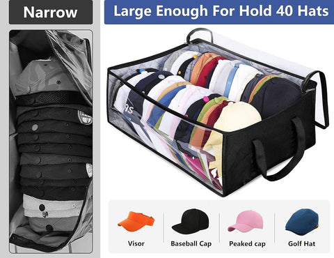 Large Capacity Foldable Hat Organizer Storage Box with Clear See-Through Window for Baseball Caps, Clothes, Toys, and Books, Underbed and Closet Container (Black)