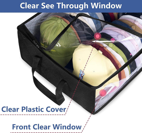 Large Capacity Foldable Hat Organizer Storage Box with Clear See-Through Window for Baseball Caps, Clothes, Toys, and Books, Underbed and Closet Container (Black)