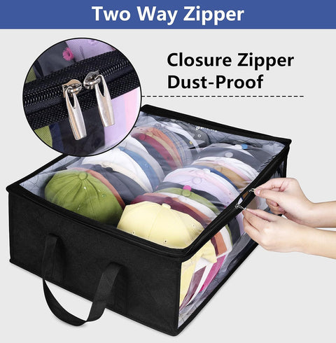 Large Capacity Foldable Hat Organizer Storage Box with Clear See-Through Window for Baseball Caps, Clothes, Toys, and Books, Underbed and Closet Container (Black)
