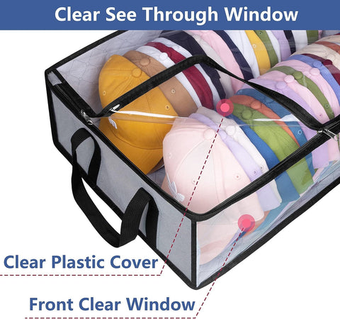 Large Capacity Foldable Hat Organizer Storage Box with Clear See-Through Window for Baseball Caps, Clothes, Toys, and Books, Underbed and Closet Container (Grey)