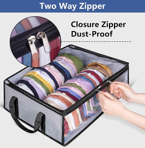 Large Capacity Foldable Hat Organizer Storage Box with Clear See-Through Window for Baseball Caps, Clothes, Toys, and Books, Underbed and Closet Container (Grey)