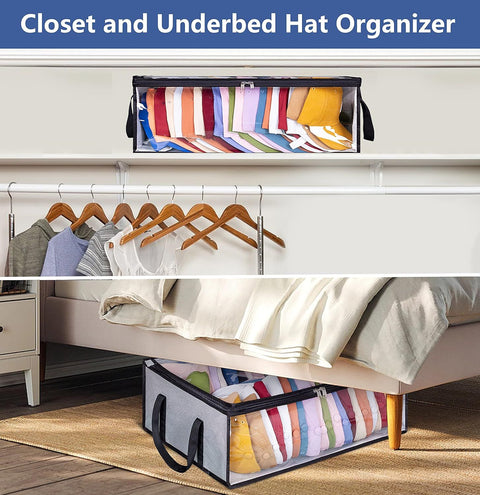 Large Capacity Foldable Hat Organizer Storage Box with Clear See-Through Window for Baseball Caps, Clothes, Toys, and Books, Underbed and Closet Container (Grey)