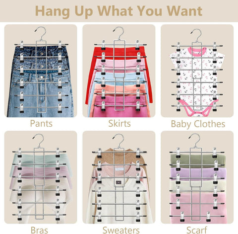 6-Tier Metal Clothing Organizer Hanger with 12 Adjustable Clips, 360° Swivel Hook, Foldable Design, and Rubber-Tipped Grips for Pants, Skirts, Bras, Sweaters, and Scarves—Space-Efficient Closet Solution (2 pack)