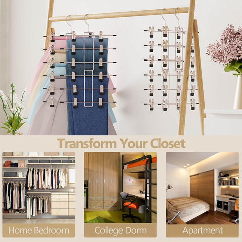 6-Tier Metal Clothing Organizer Hanger with 12 Adjustable Clips, 360° Swivel Hook, Foldable Design, and Rubber-Tipped Grips for Pants, Skirts, Bras, Sweaters, and Scarves—Space-Efficient Closet Solution (2 pack)