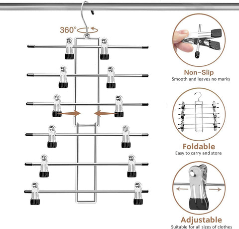 6-Tier Metal Clothing Organizer Hanger with 12 Adjustable Clips, 360° Swivel Hook, Foldable Design, and Rubber-Tipped Grips for Pants, Skirts, Bras, Sweaters, and Scarves—Space-Efficient Closet Solution (2 pack)