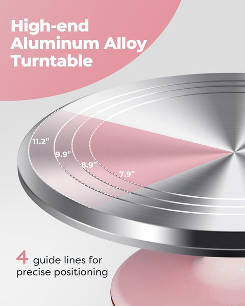 Premium Aluminum Alloy Cake Turntable Set with 3 Icing Scrapers, Offset & Silicone Spatulas, Non-Slip Base for Smooth Frosting, Professional Baking & Decorating Kit for Home Bakers (Pink)