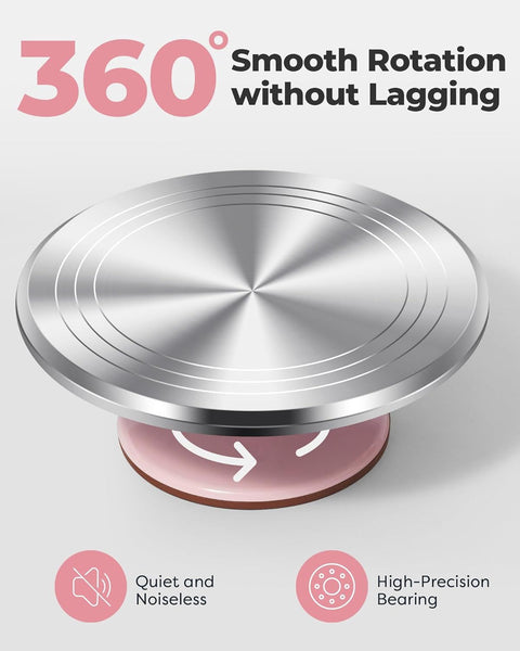 Premium Aluminum Alloy Cake Turntable Set with 3 Icing Scrapers, Offset & Silicone Spatulas, Non-Slip Base for Smooth Frosting, Professional Baking & Decorating Kit for Home Bakers (Pink)