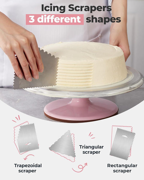 Premium Aluminum Alloy Cake Turntable Set with 3 Icing Scrapers, Offset & Silicone Spatulas, Non-Slip Base for Smooth Frosting, Professional Baking & Decorating Kit for Home Bakers (Pink)