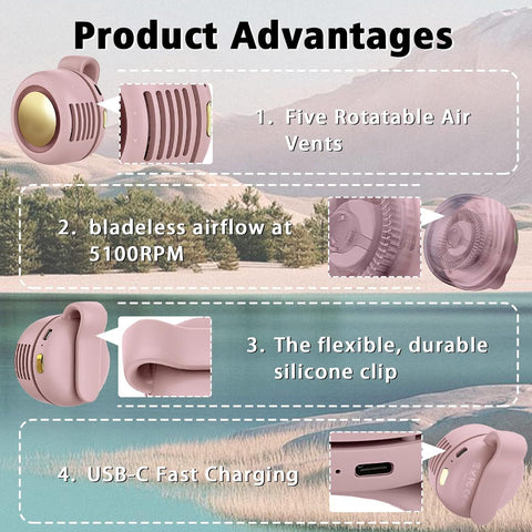 Mini Clip-On Bladeless Fan, USB Rechargeable 3-Speed Portable Personal Fan with 360° Rotation, Ultra-Quiet 25dB Waist Hanging Fan for Outdoor Travel Gym (Pink)