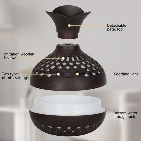 Portable USB Humidifier with 7-Color LED Night Light – Wood Grain Flower Design, Quiet Cool Mist Diffuser for Home, Office & Car (Lightwood)