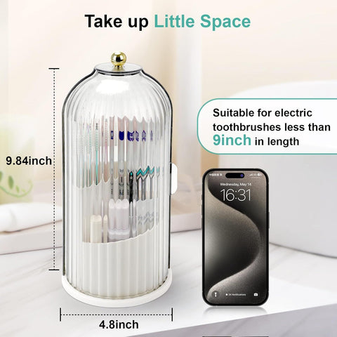 360° Rotating Makeup Brush Holder with Dustproof Cover, 3-Slot Vanity Organizer for Cosmetics & Toiletries, Birdcage Design for Bathroom & Desk (White)