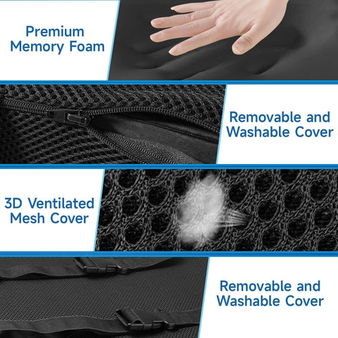 Ergonomic Lumbar Support Cushion with Premium Memory Foam Core, 3D Ventilated Mesh Cover, Dual Adjustable Straps, and Removable Washable Sleeve—Ideal for Office Chairs, Gaming Seats, Cars, and Dining Chairs (Black)