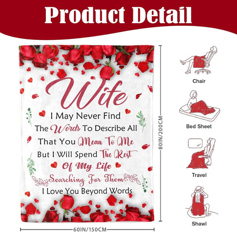 Romantic Rose Print Fleece Blanket for Wife, Soft Cozy Throw for Valentine’s Day Anniversary Christmas Gift, Warm Snuggle Blanket with Love Message (60”*80”)
