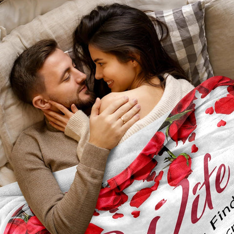 Romantic Rose Print Fleece Blanket for Wife, Soft Cozy Throw for Valentine’s Day Anniversary Christmas Gift, Warm Snuggle Blanket with Love Message (50”*60”)
