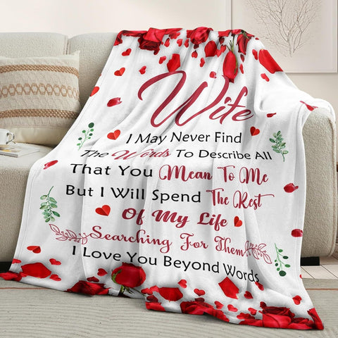 Romantic Rose Print Fleece Blanket for Wife, Soft Cozy Throw for Valentine’s Day Anniversary Christmas Gift, Warm Snuggle Blanket with Love Message (50”*60”)