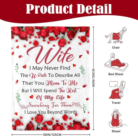 Romantic Rose Print Fleece Blanket for Wife, Soft Cozy Throw for Valentine’s Day Anniversary Christmas Gift, Warm Snuggle Blanket with Love Message (50”*60”)