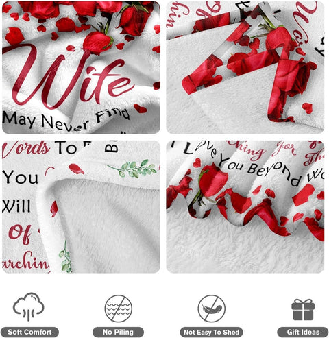 Romantic Rose Print Fleece Blanket for Wife, Soft Cozy Throw for Valentine’s Day Anniversary Christmas Gift, Warm Snuggle Blanket with Love Message (50”*60”)