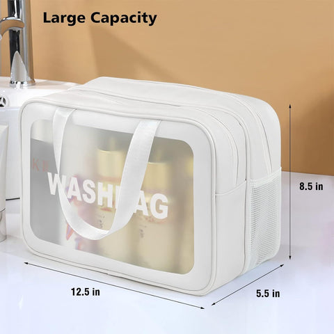 Large Capacity Travel Toiletry Bag with Dual Compartments, Waterproof PVC Cosmetic Organizer for Gym & Business Trips (White)
